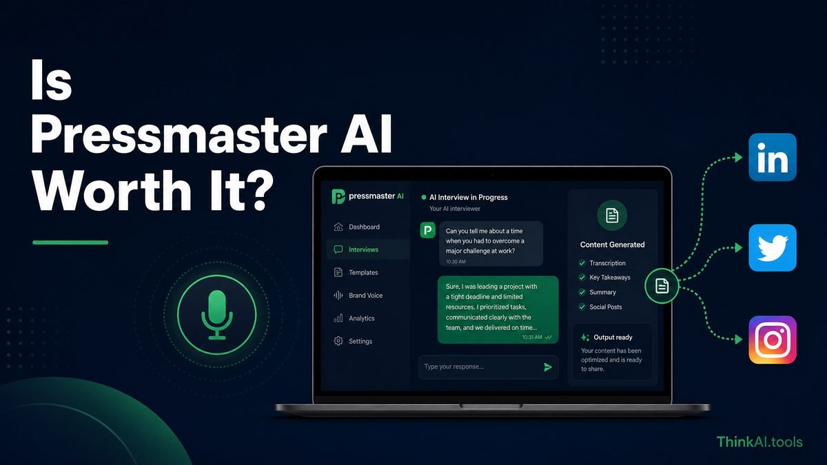 Is Pressmaster AI worth it — featured review showing AI interview interface and social media distribution